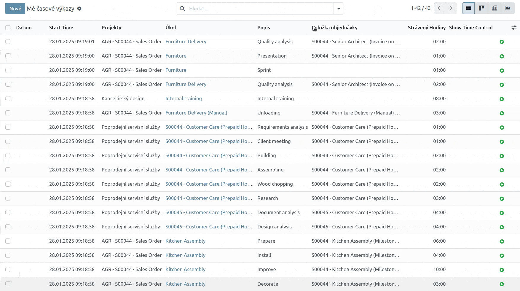 Trackování času jednotlivých pracovních úkolů, Odoo timesheets